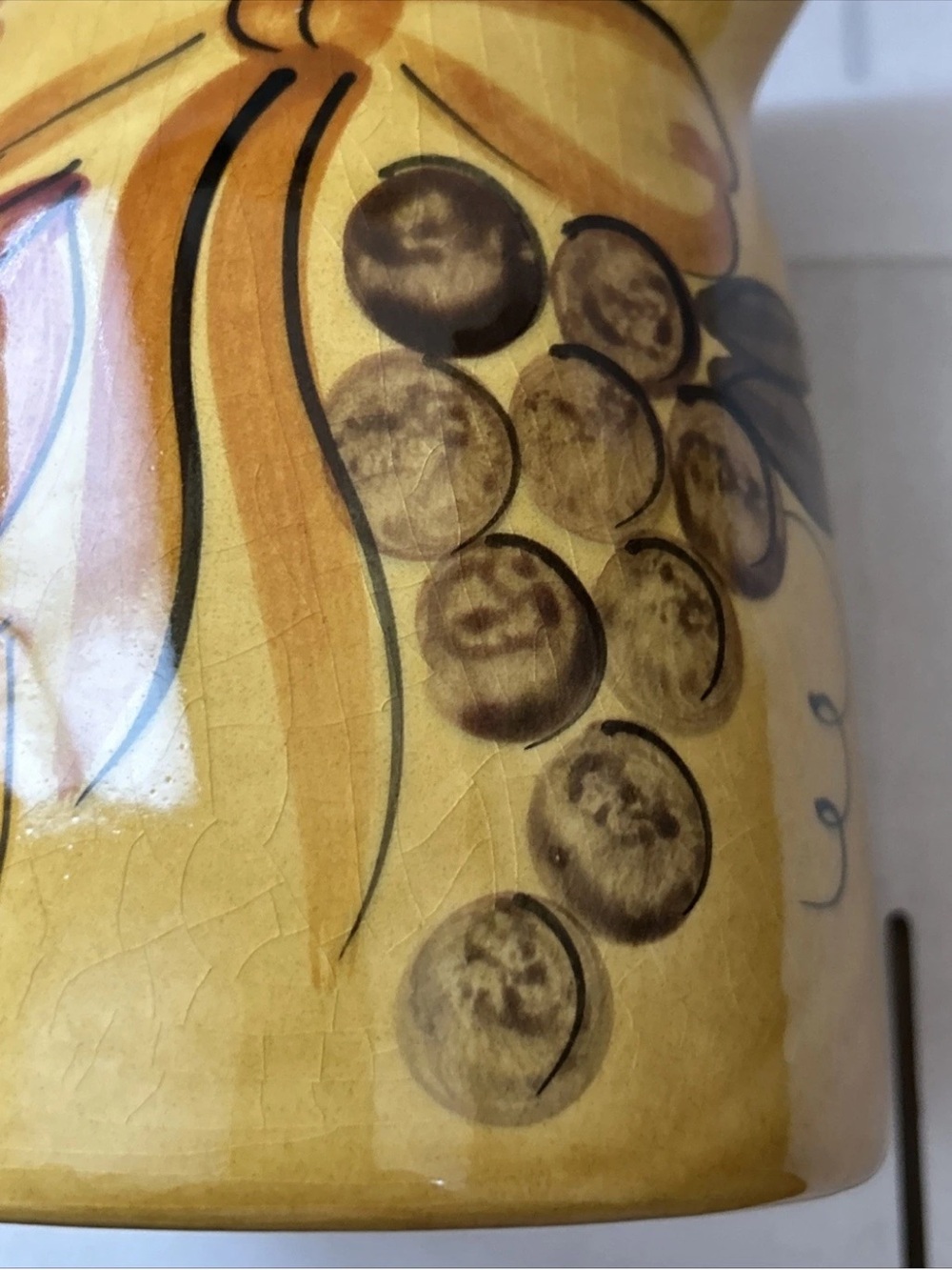 Yellow Ceramic Pitcher with Fruit and Bow Motif - Picture 7 of 10